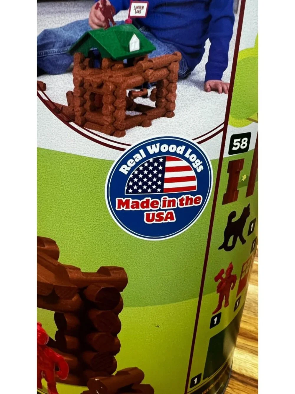 Lincoln Logs, made in the USA, includes can for storage, circa 2017